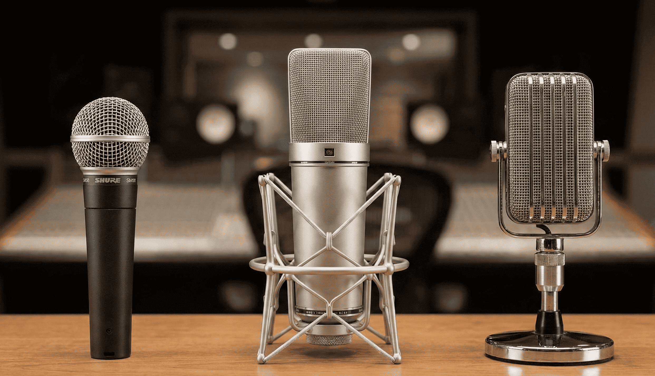 Different types of microphones on a desk