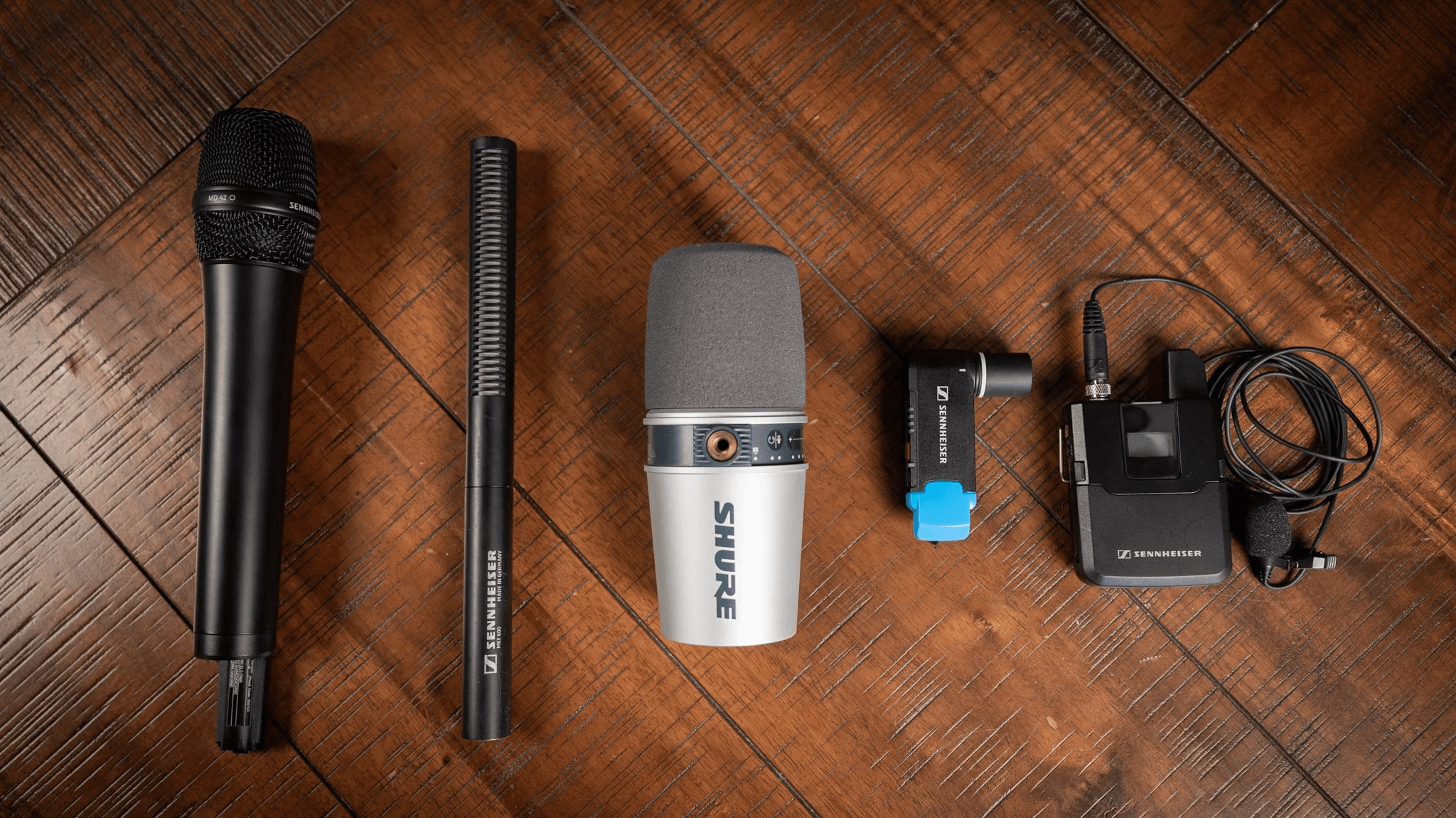 A USB microphone on a desk.